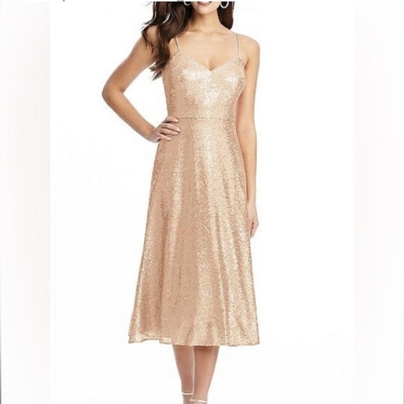 Dessy Collection Spaghetti Strap Flared Skirt Sequin Midi Dress Rose Gold NWT - Picture 1 of 16